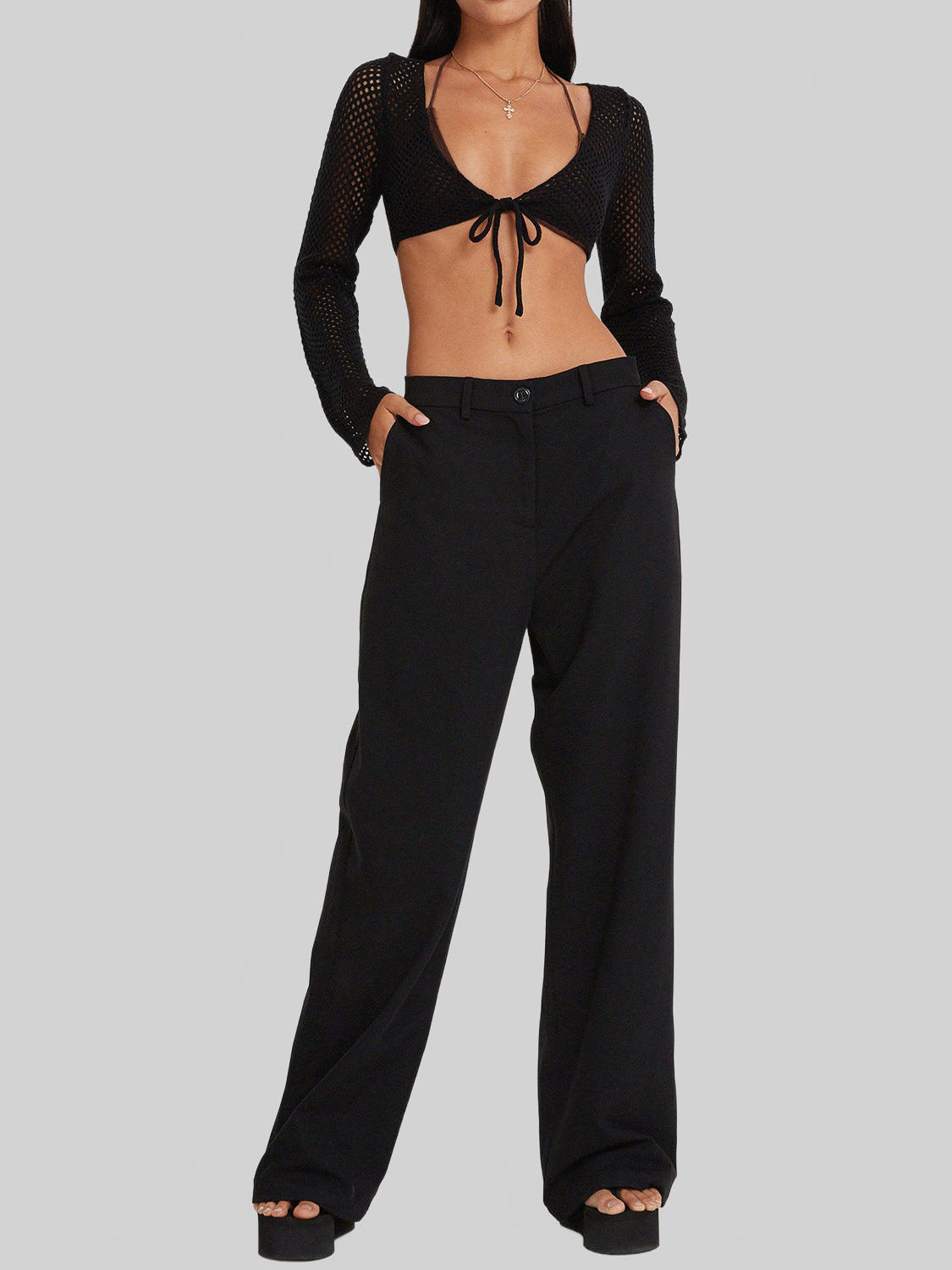 NicholesGifts Women Openwork Tied Dropped Shoulder Cardigan NicholesGifts