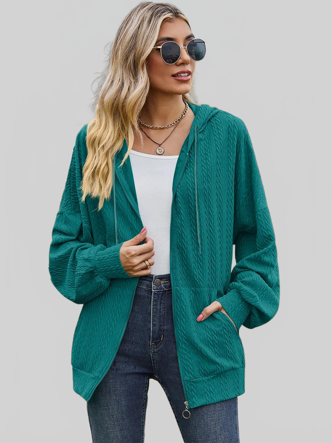Drawstring Zip Up Dropped Shoulder Hoodie nicholesgifts