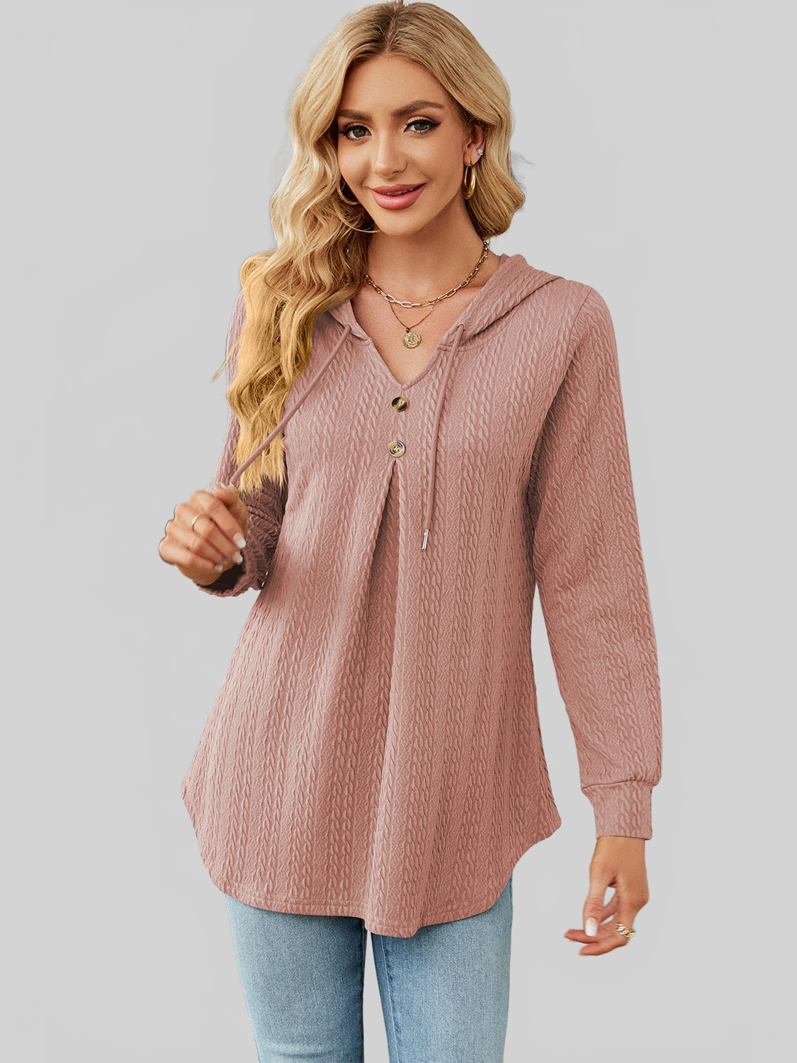 Women Decorative Button Drawstring Long Sleeve Hoodie nicholesgifts