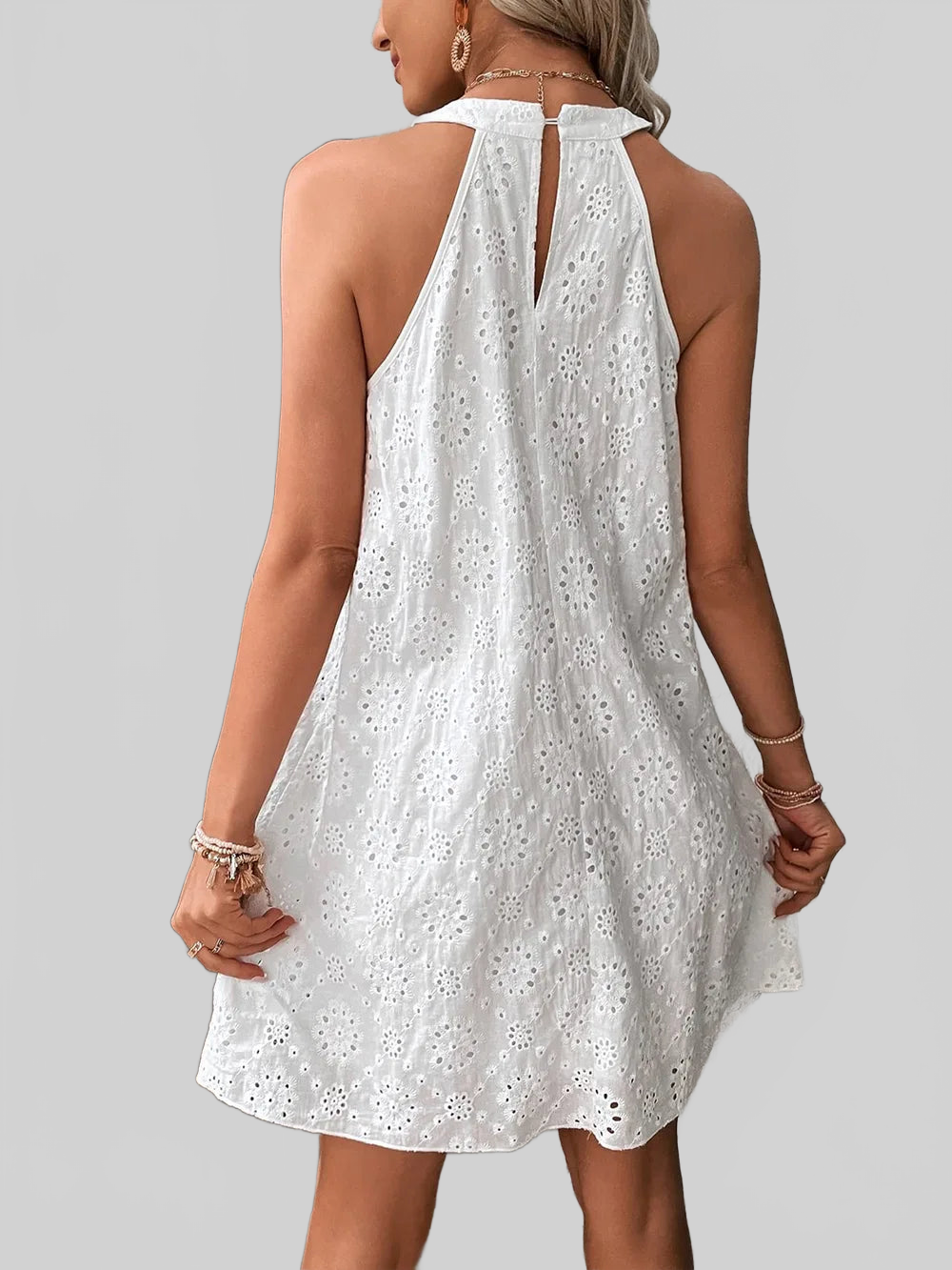 Eyelet Grecian Neck Mini Dress nicholesgifts