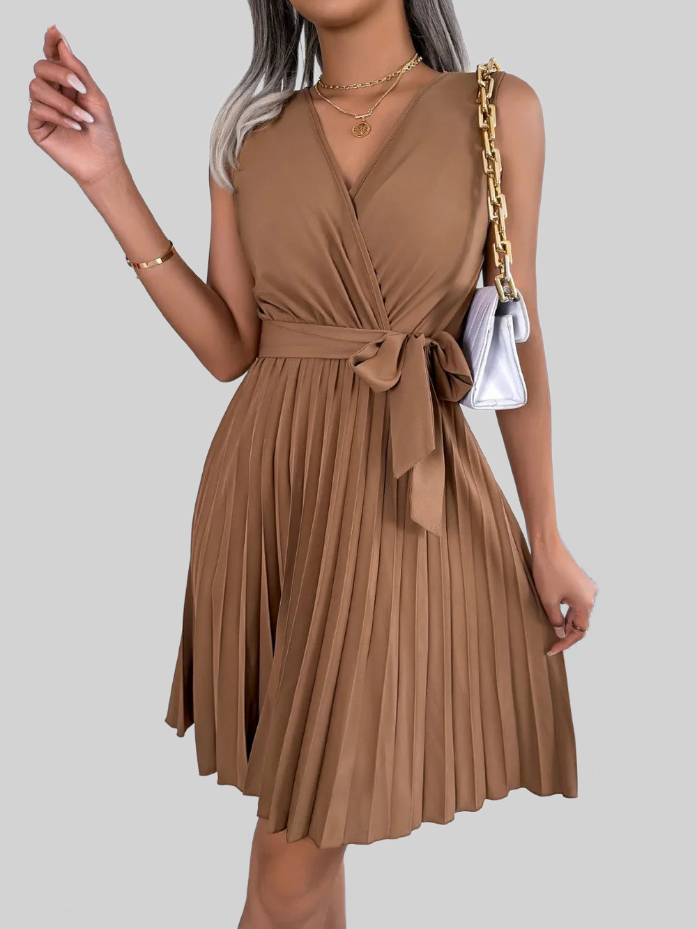 Tied Surplice Sleeveless Pleated Dress nicholesgifts