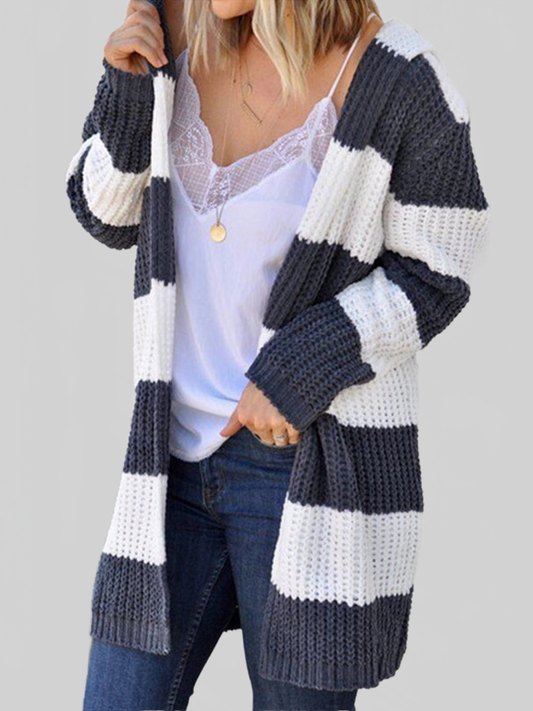 Women Striped Open Front Hooded Cardigan Sweater NicholesGifts