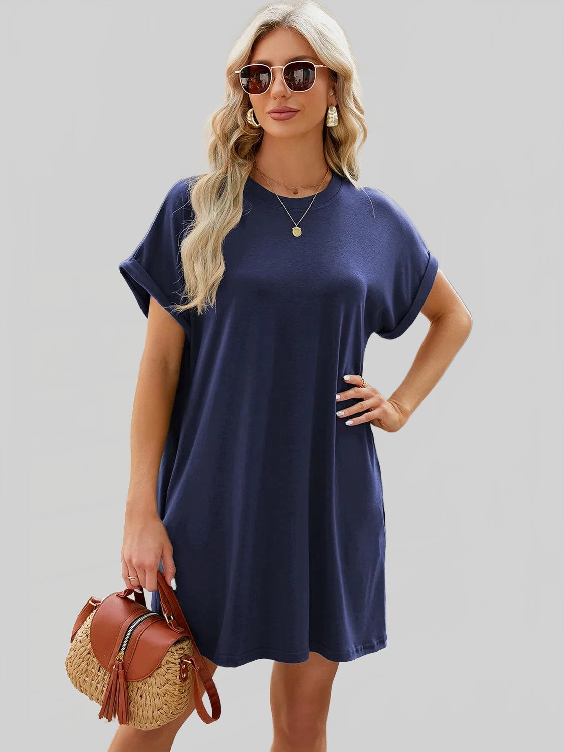 Round Neck Rolled Short Sleeve Tee Dress nicholesgifts