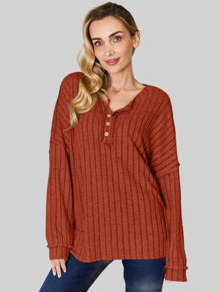 Women Basic Bae Full Size Ribbed Half Button Long Sleeve T-Shirt NicholesGifts