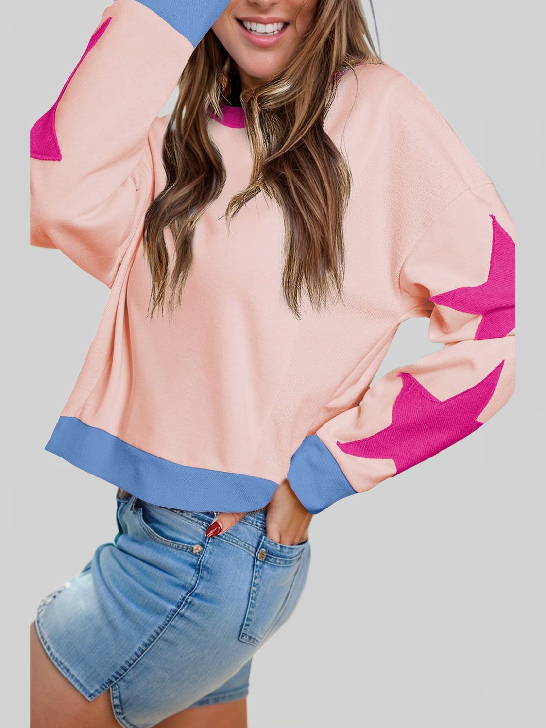 Women Star Contrast Round Neck Long Sleeve Sweatshirt nicholesgifts