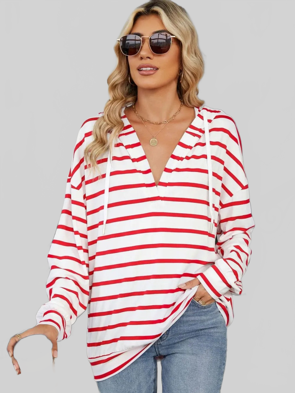 Drawstring Striped Long Sleeve Hoodie NicholesGifts