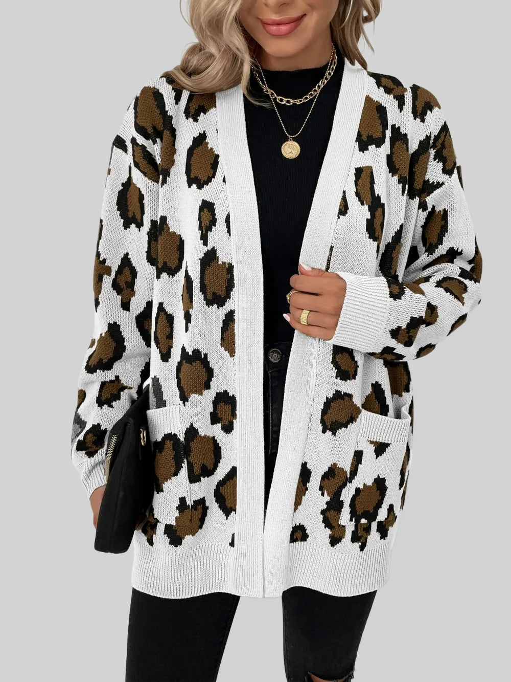 Women Leopard Open Front Dropped Shoulder Cardigan nicholesgifts