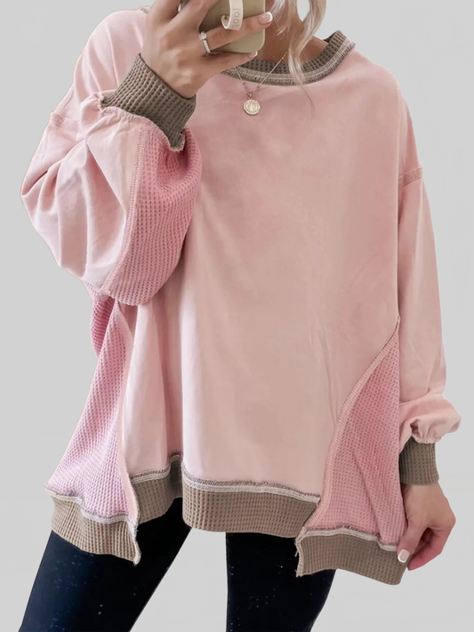 Women Color Block Mix Texture Waffle Patchwork Oversize Sweatshirt NicholesGifts