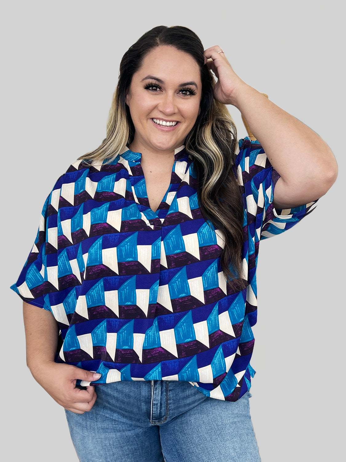 Women Double Take Full Size Geometric Notched Half Sleeve Blouse nicholesgifts