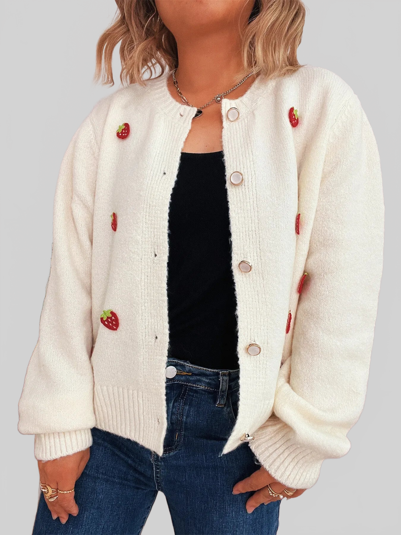 Strawberry Button Up Long Sleeve Cardigan nicholesgifts