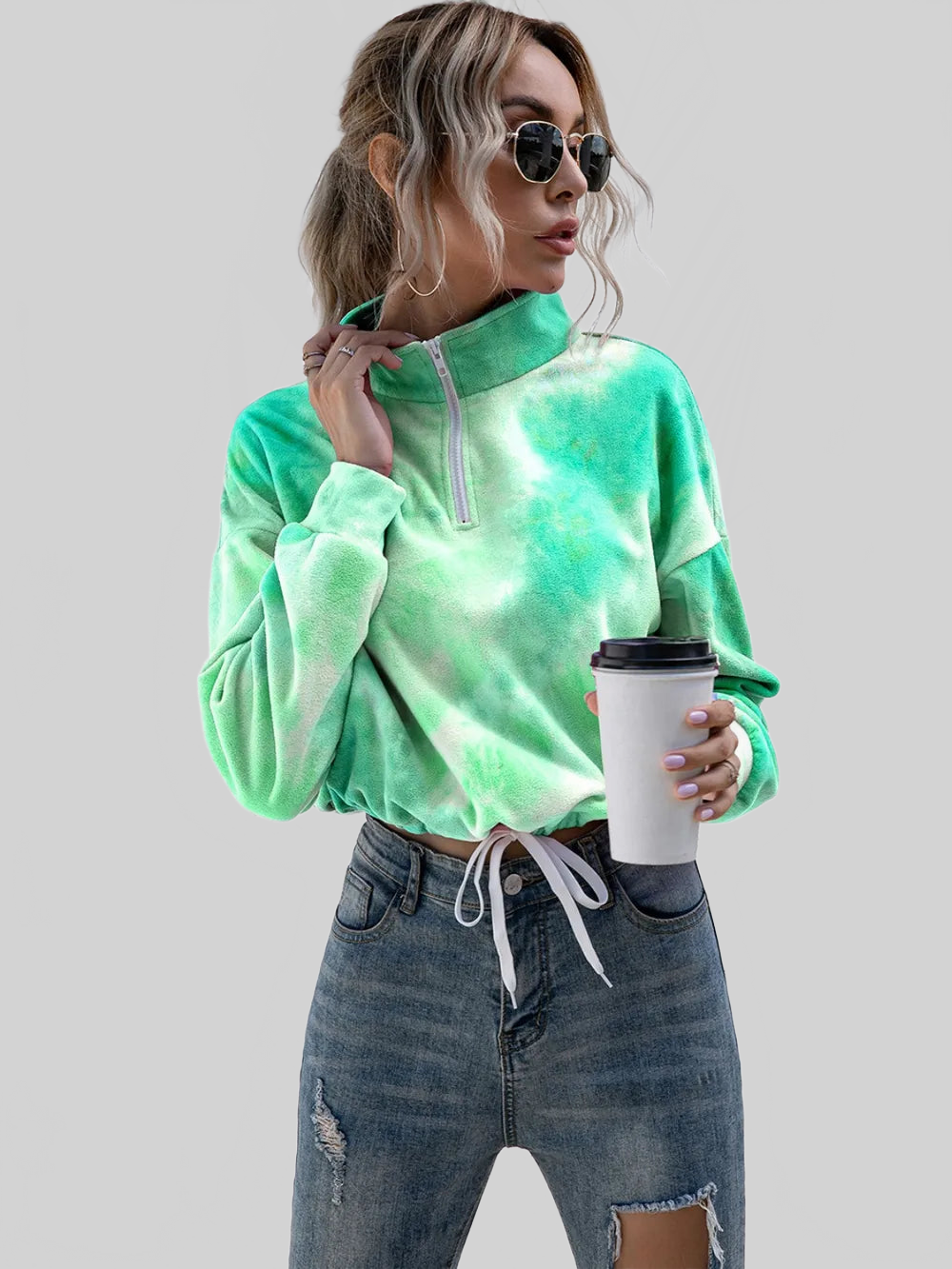 Women Ivy Lane Tie-Dye Quarter Zip Dropped Shoulder Sweatshirt nicholesgifts