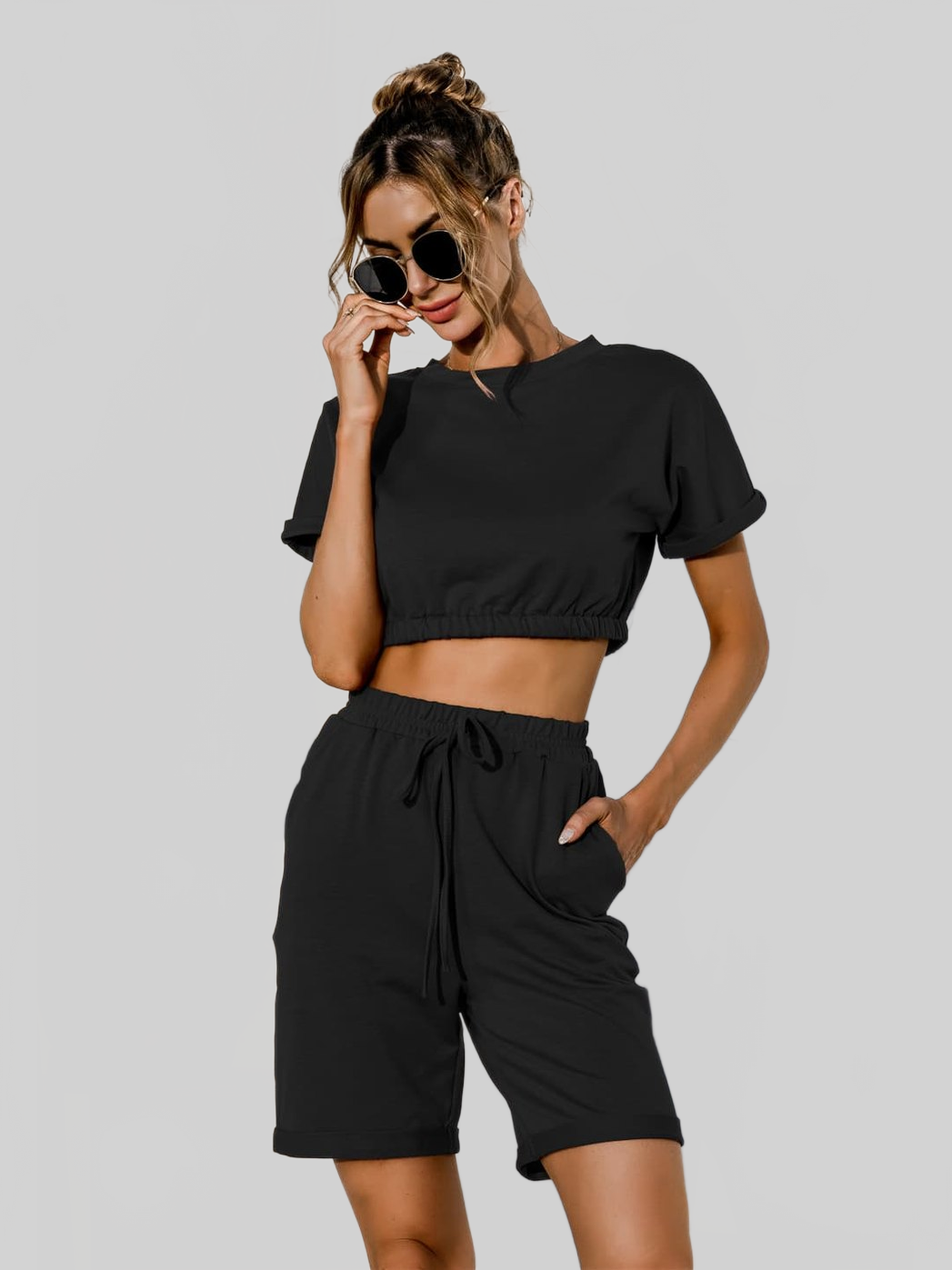 Short Sleeve Cropped Top and Drawstring Shorts Lounge Set nicholesgifts