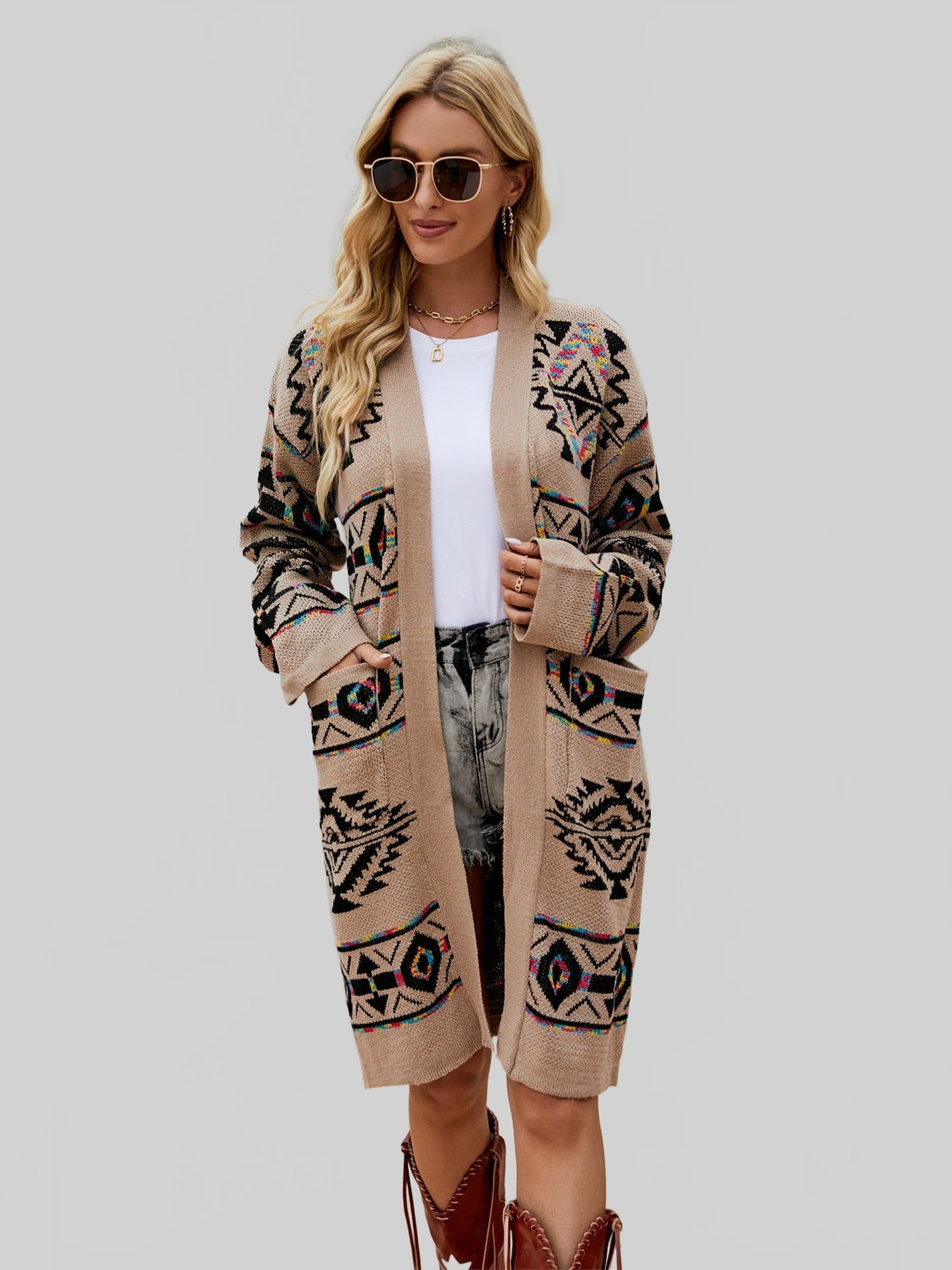 Women Pocketed Geometric Open Front Dropped Shoulder Cardigan NicholesGifts