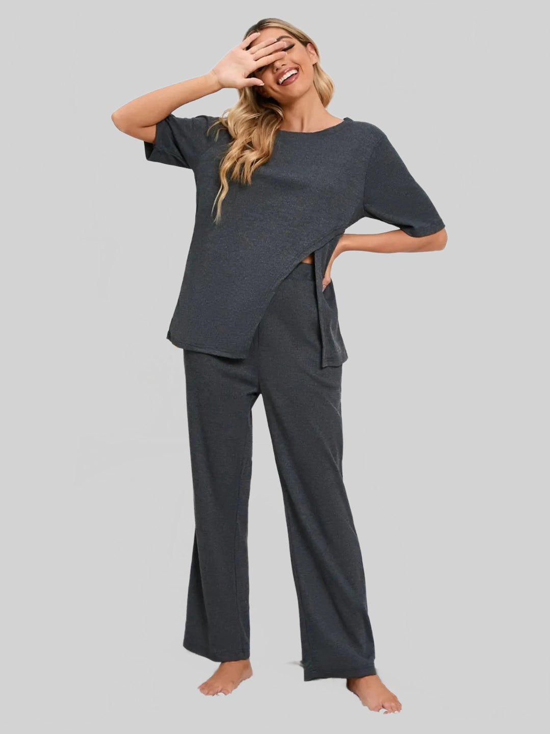 Slit Round Neck Top and Pants Lounge Set nicholesgifts