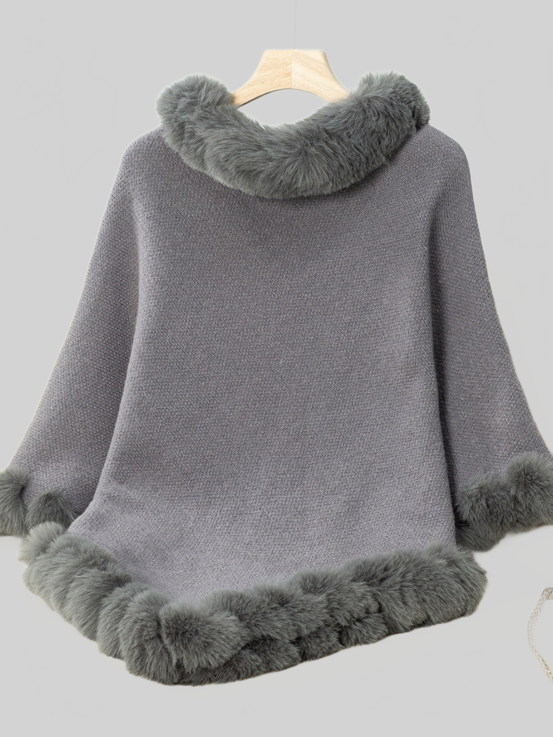 Women Fuzzy Trim Texture Three-Quarter Sleeve Poncho nicholesgifts