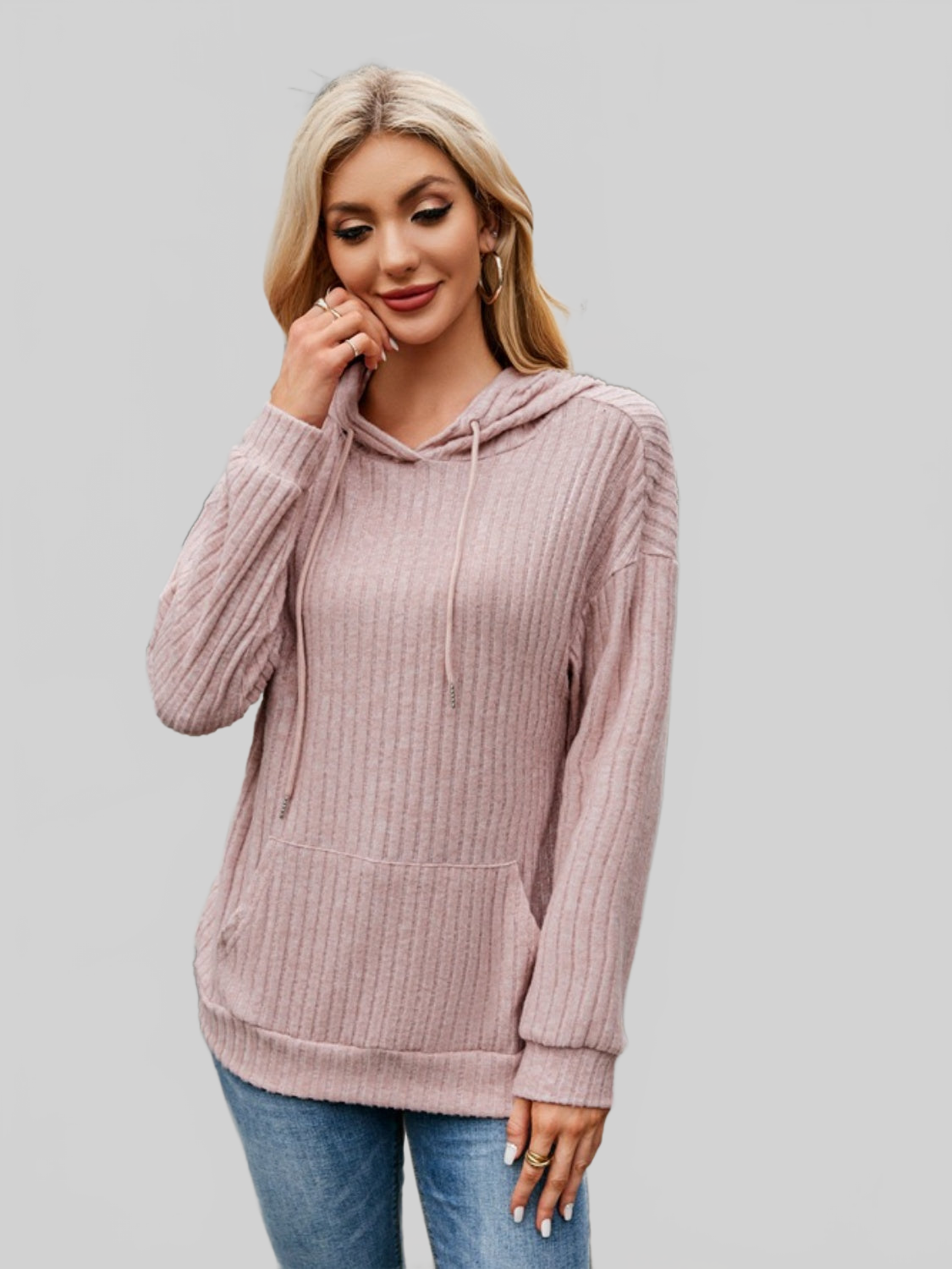 NicholesGifts Women Ribbed Drawstring Long Sleeve Hoodie nicholesgifts