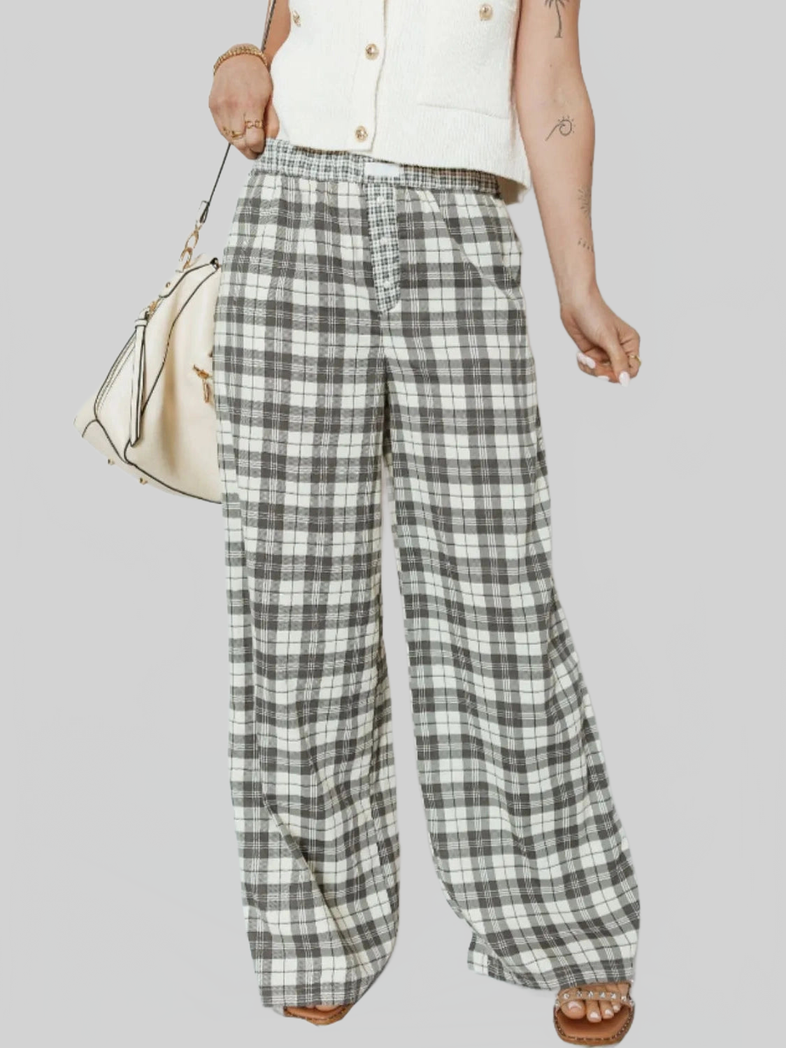 Women Plaid Wide Leg Pants nicholesgifts