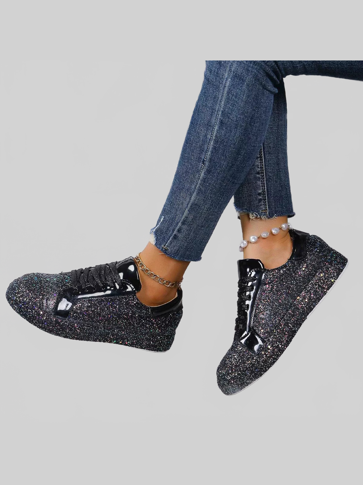 Women Sequin Lace Up Sneakers nicholesgifts