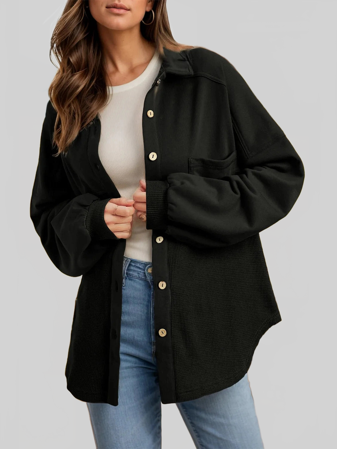 Women Waffle-Knit Collared Neck Long Sleeve Shacket NicholesGifts