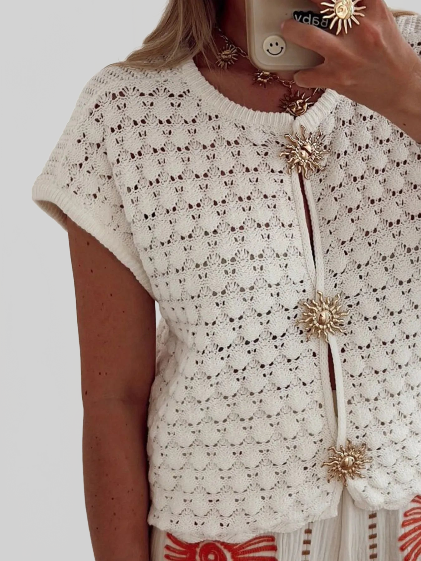 Crochet Short Sleeve Button Front Cardigan nicholesgifts