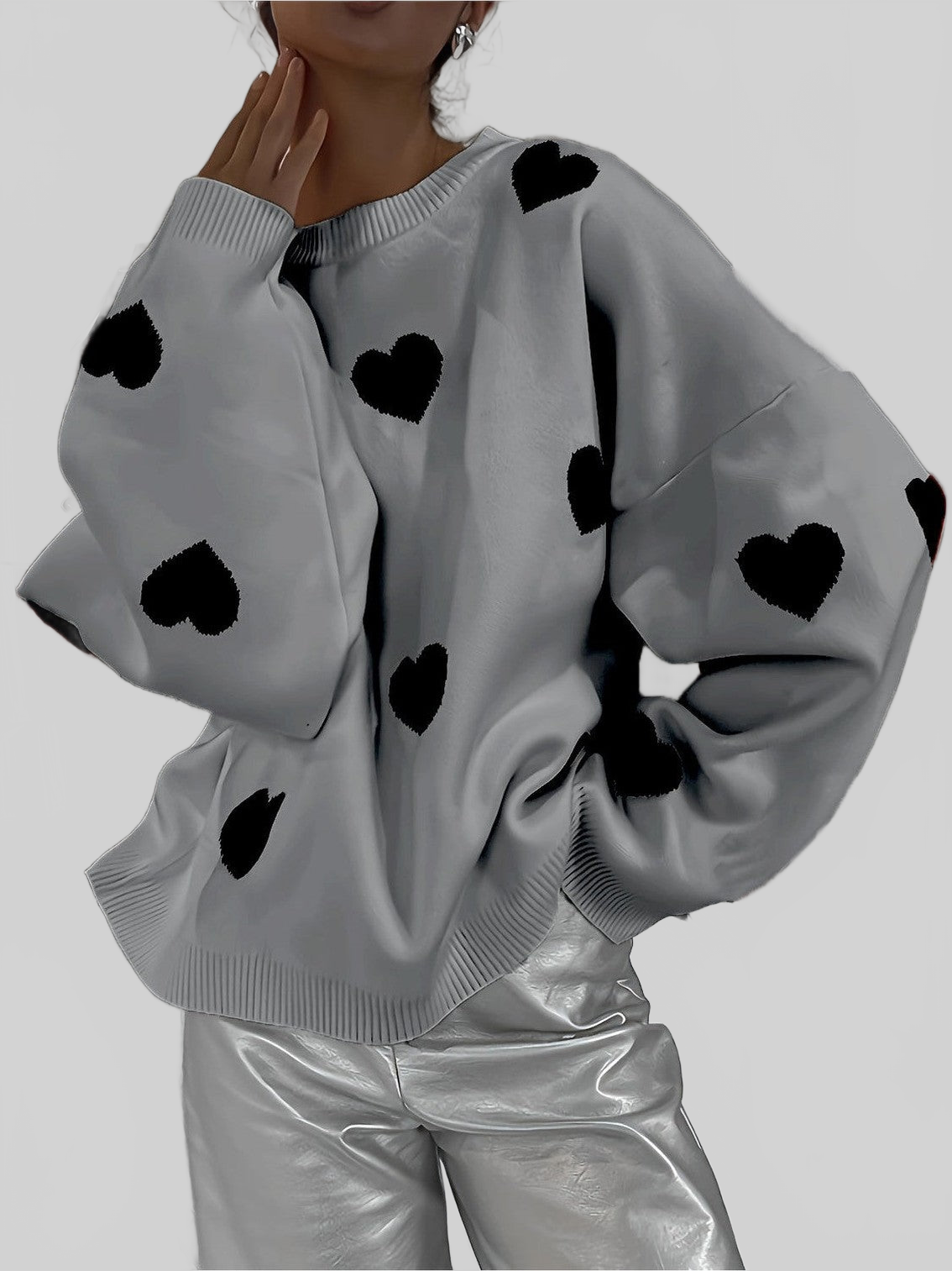 Women Valentine’s Day Heart Round Neck Long Sleeve Sweater NicholesGifts