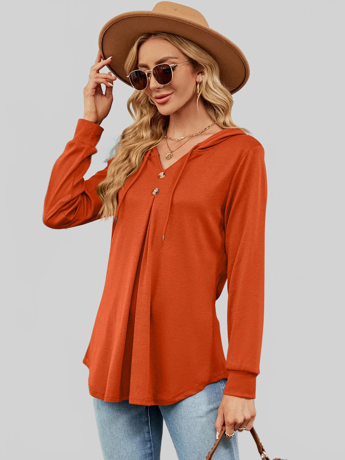 Decorative Button Drawstring Long Sleeve Hoodie NicholesGifts