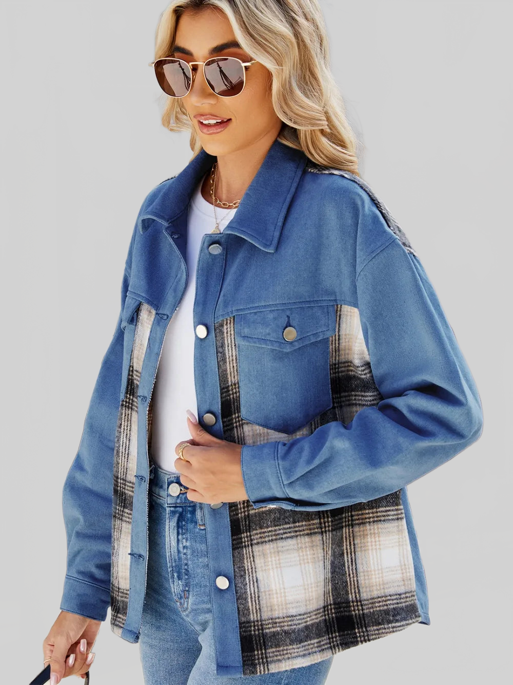 Plaid Button Up Long Sleeve Denim Jacket nicholesgifts