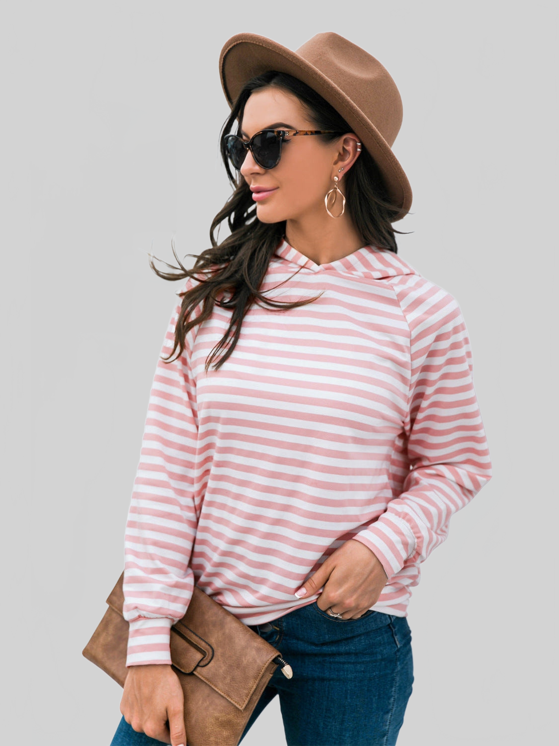 Women Horizontal Stripe Raglan Sleeve Hoodie NicholesGifts