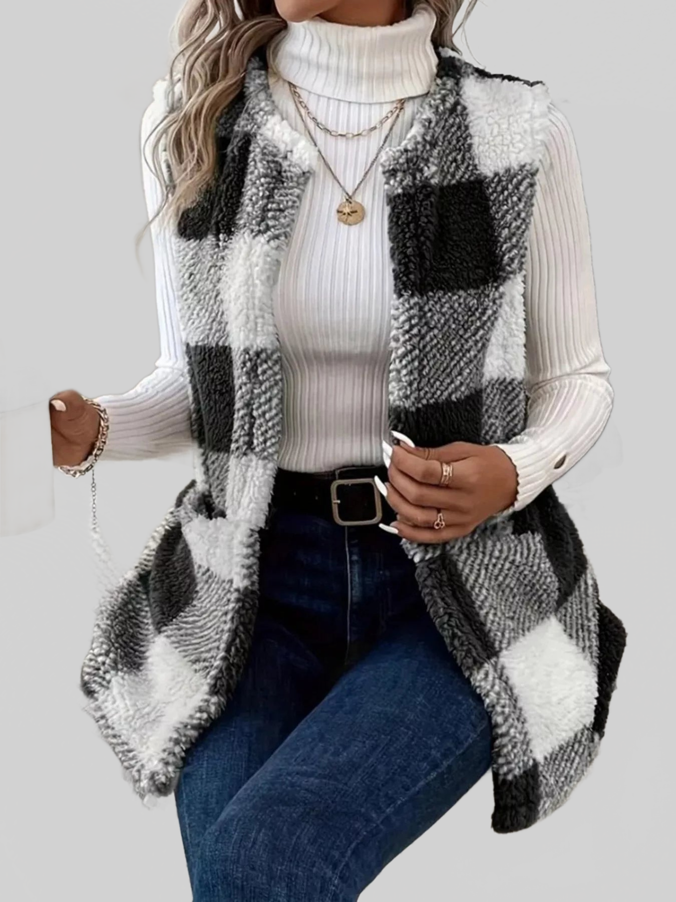 Women Cozy Plaid Sherpa Vest Coat nicholesgifts