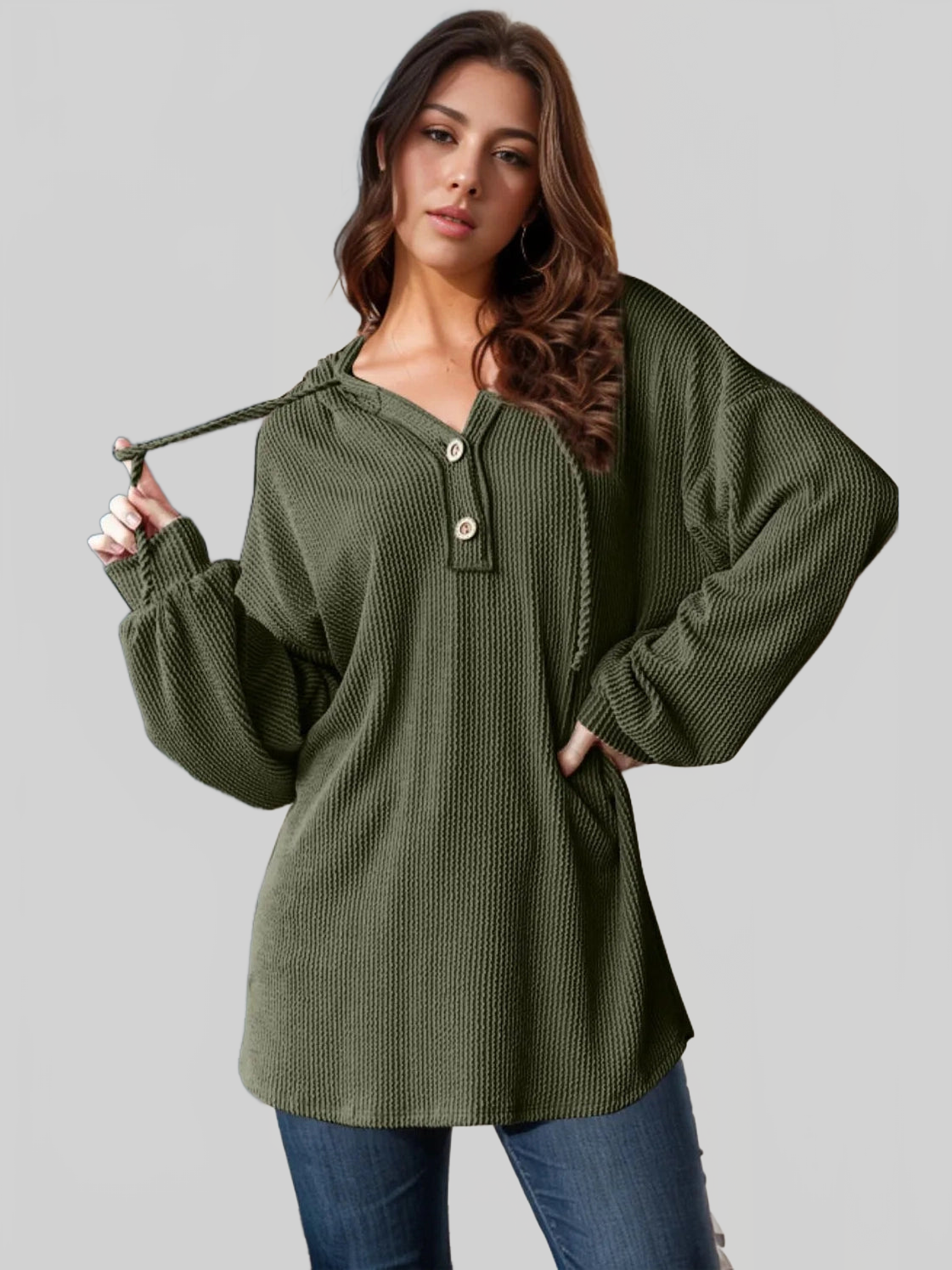 Double Take Full Size Half Button Long Sleeve Hoodie NicholesGifts