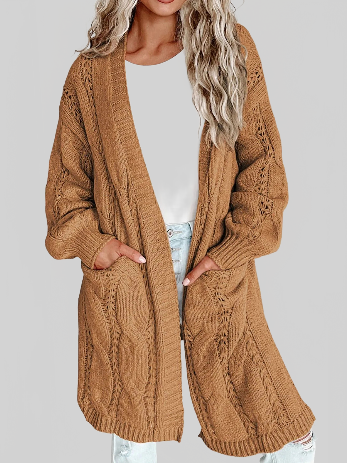 Women Cable-Knit Dropped Shoulder Slit Cardigan nicholesgifts