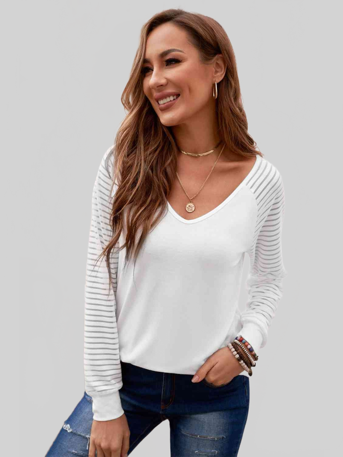 Women Sheer Striped V-Neck Top NicholesGifts