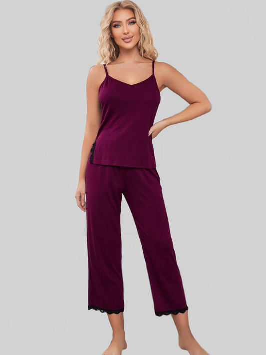 V-Neck Lace Trim Slit Cami and Pants Pajama Set nicholesgifts