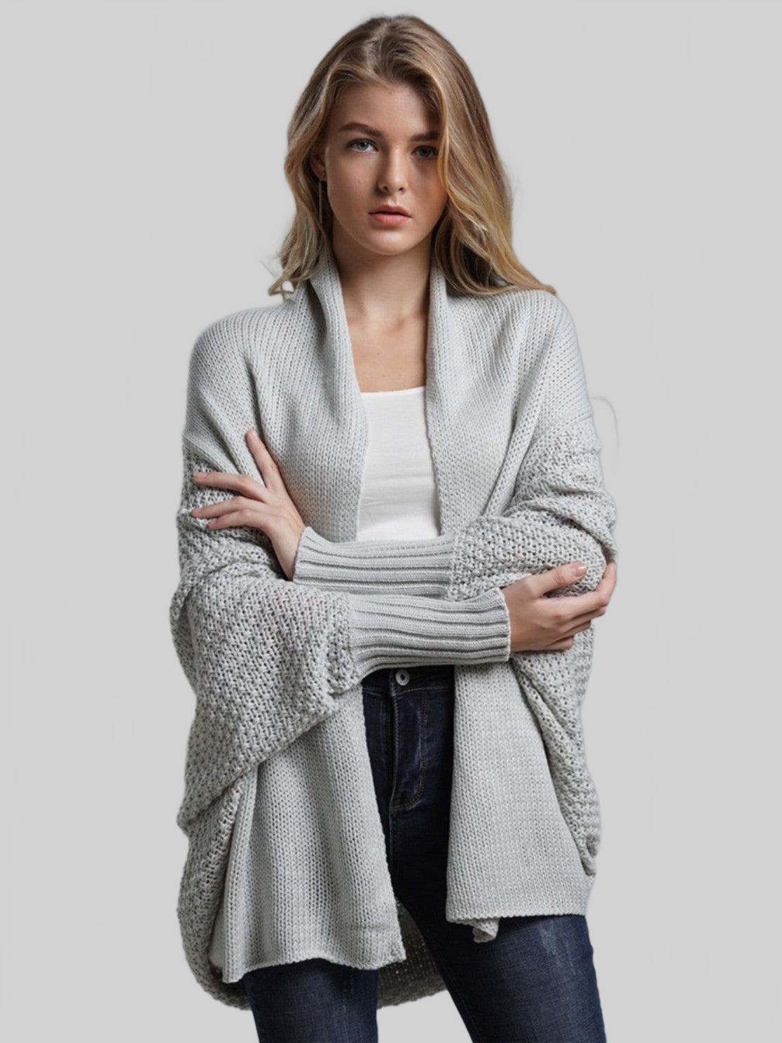 Dolman Sleeve Open Front Ribbed Trim Longline Cardigan nicholesgifts