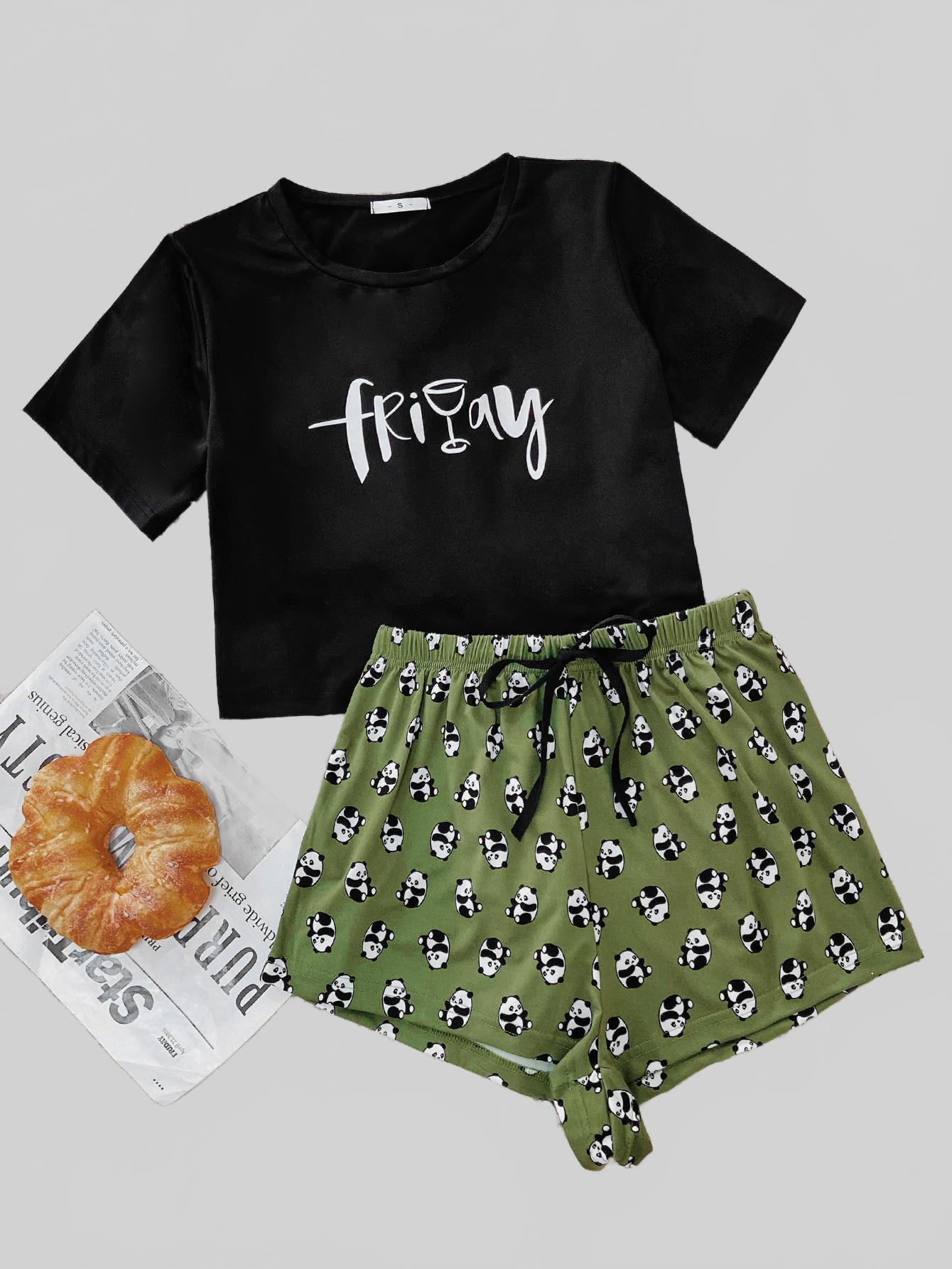 Graphic Tee and Panda Print Shorts Lounge Set nicholesgifts