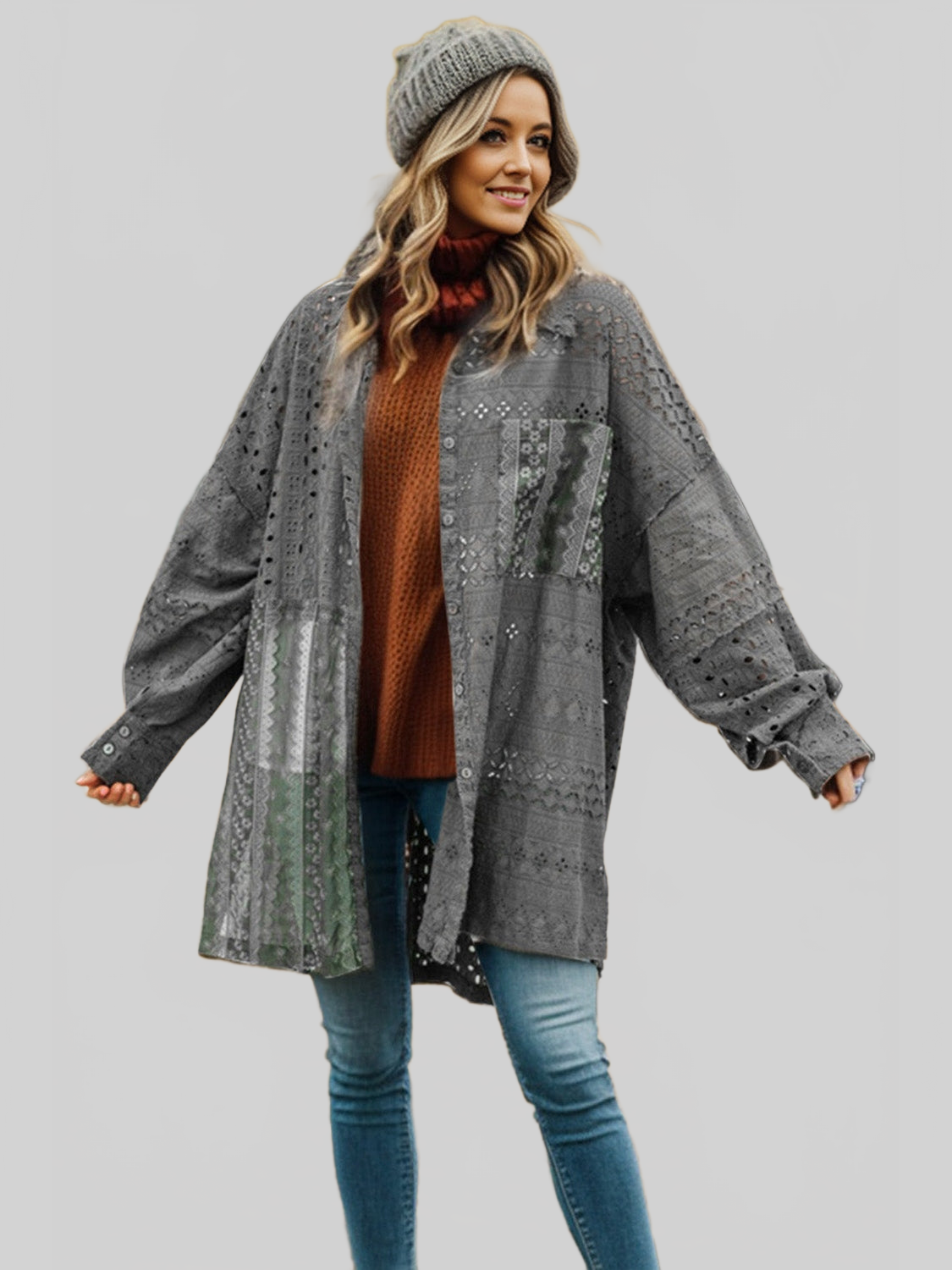 Women Openwork Button Up Long Sleeve Shacket NicholesGifts