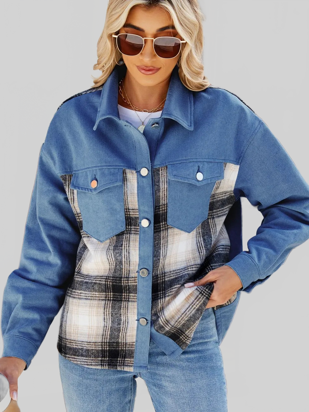 Plaid Button Up Long Sleeve Denim Jacket nicholesgifts