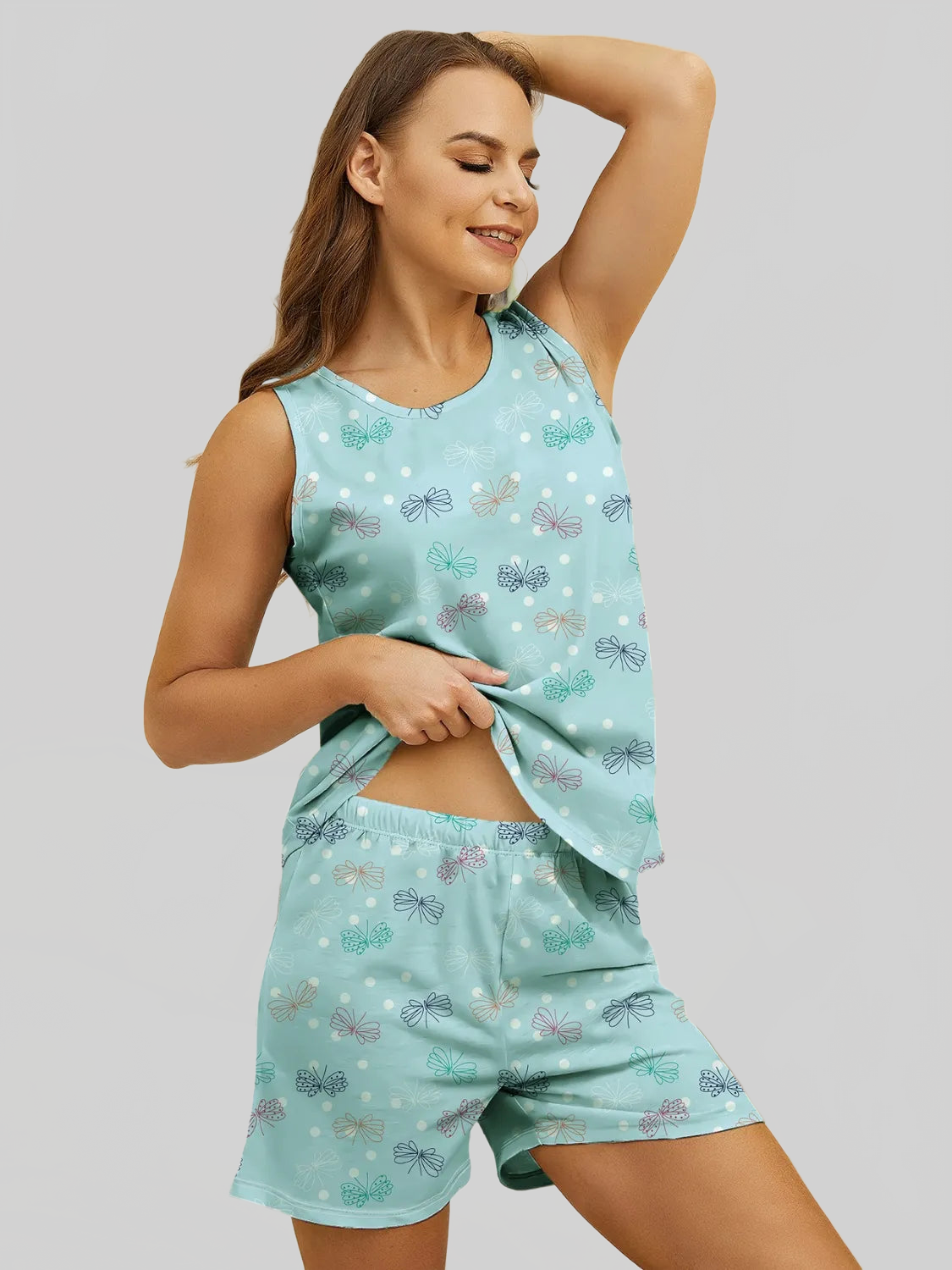 Printed Round Neck Top and Shorts Lounge Set nicholesgifts