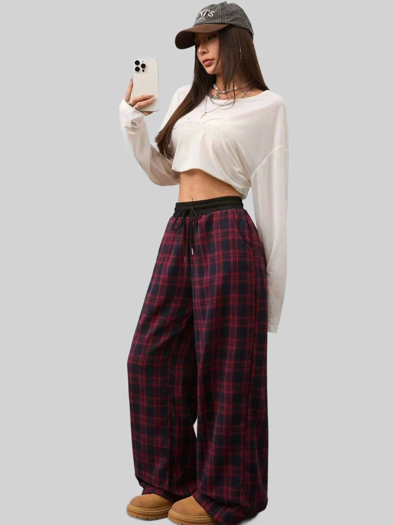 Women Plaid Wide Leg Pants with Drawstring Waist nicholesgifts