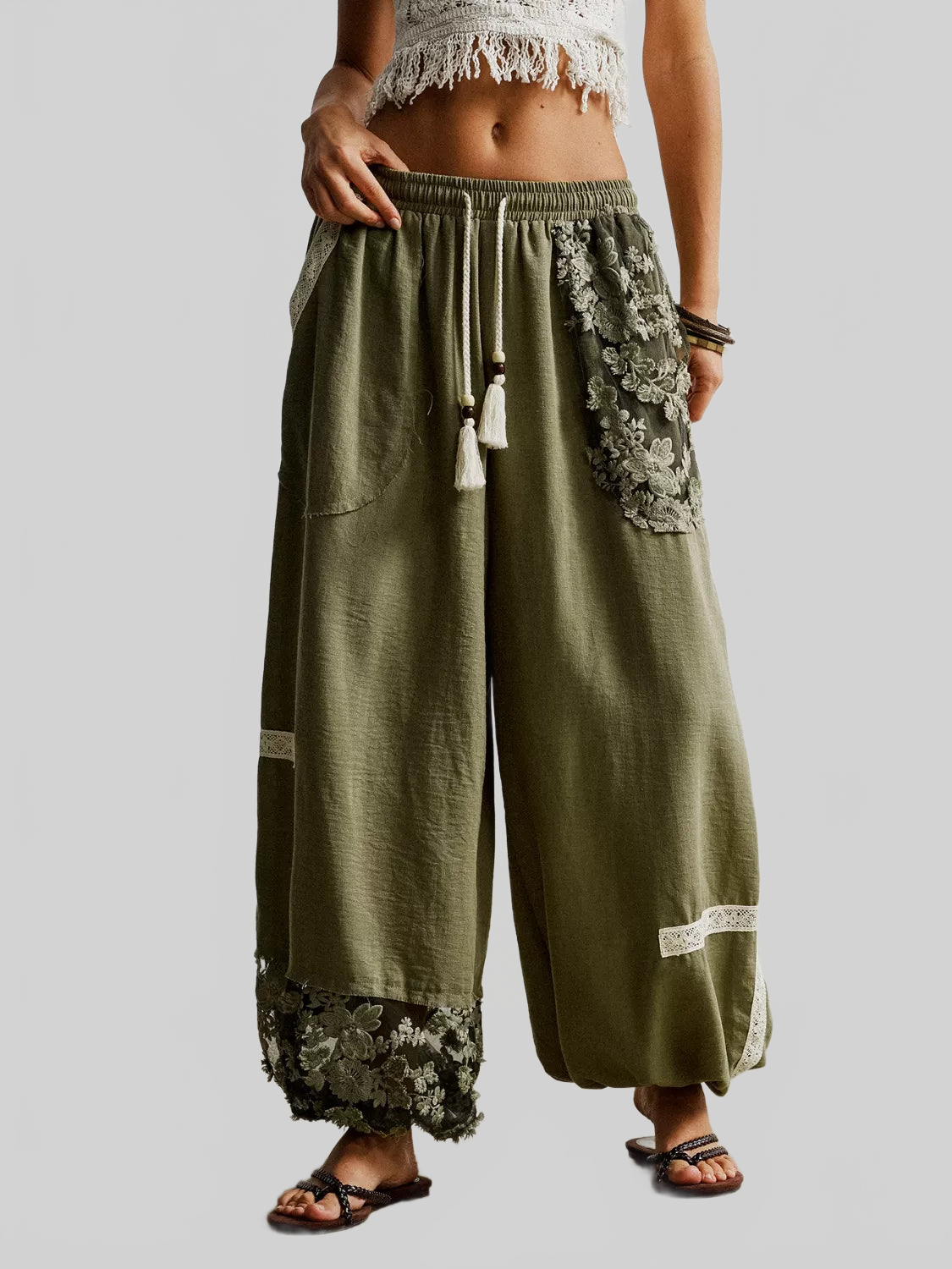 Women Lace Detail Drawstring Harem Pants nicholesgifts