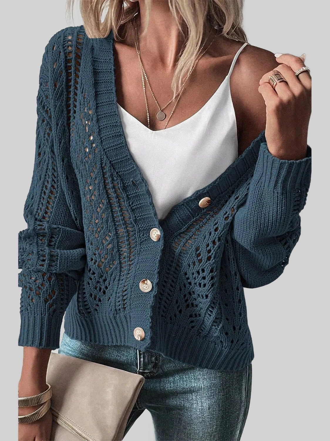 Openwork Button Up Long Sleeve Cardigan nicholesgifts