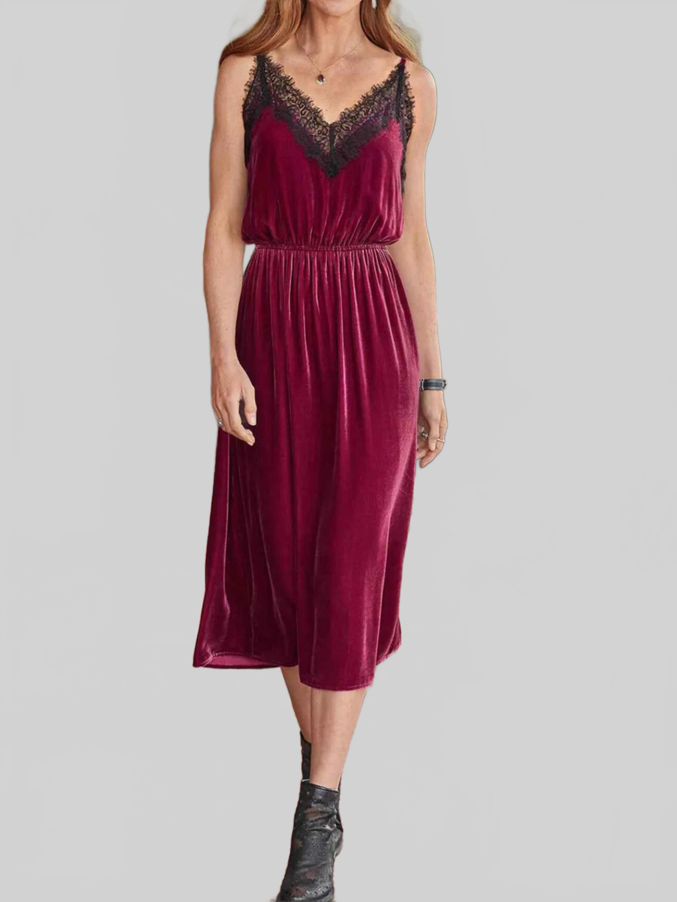 Velvet Cami Lounge Dress with Lace Trim nicholesgifts