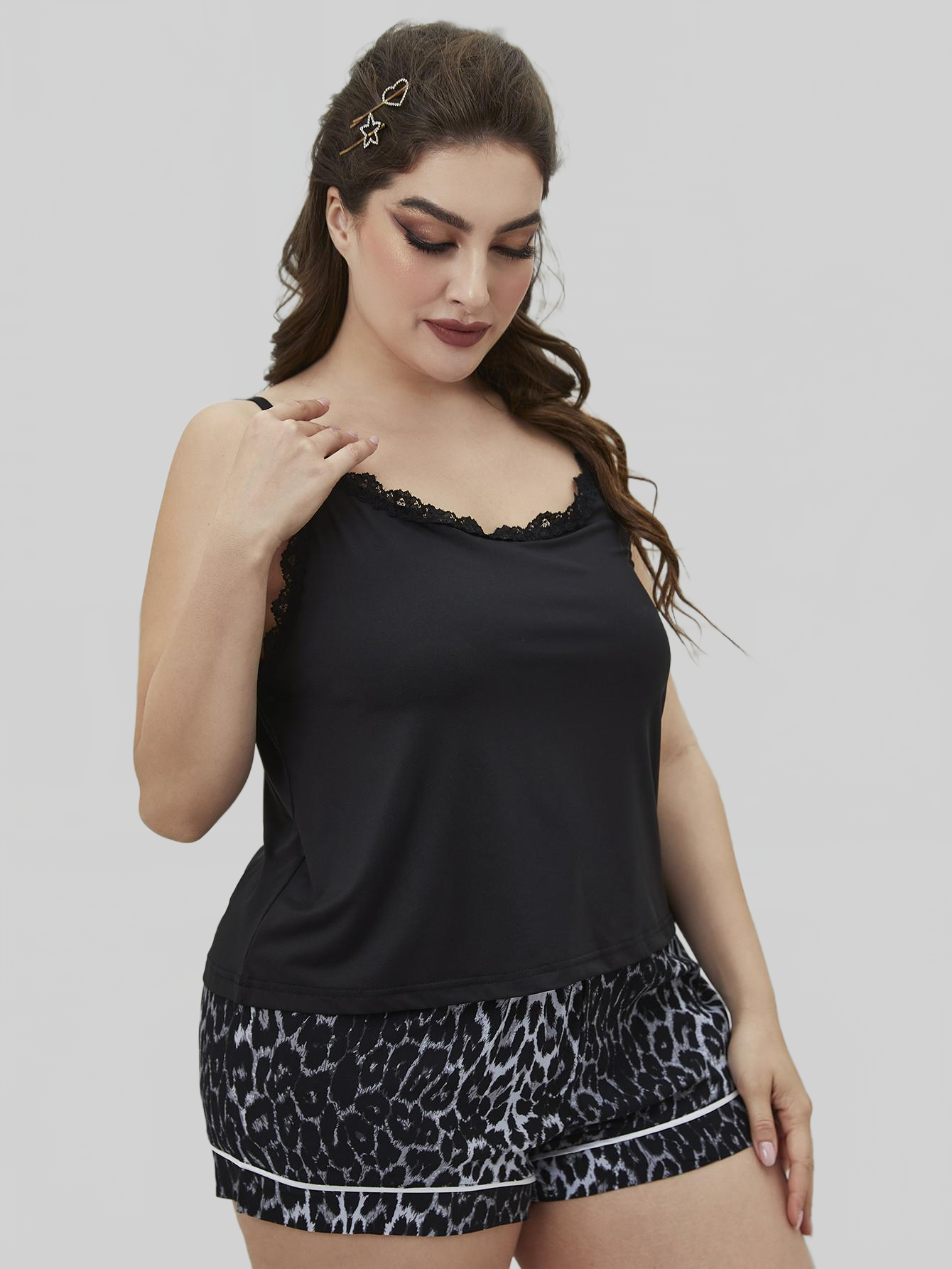 Plus Size Lace Trim Scoop Neck Cami and Printed Shorts Pajama Set nicholesgifts