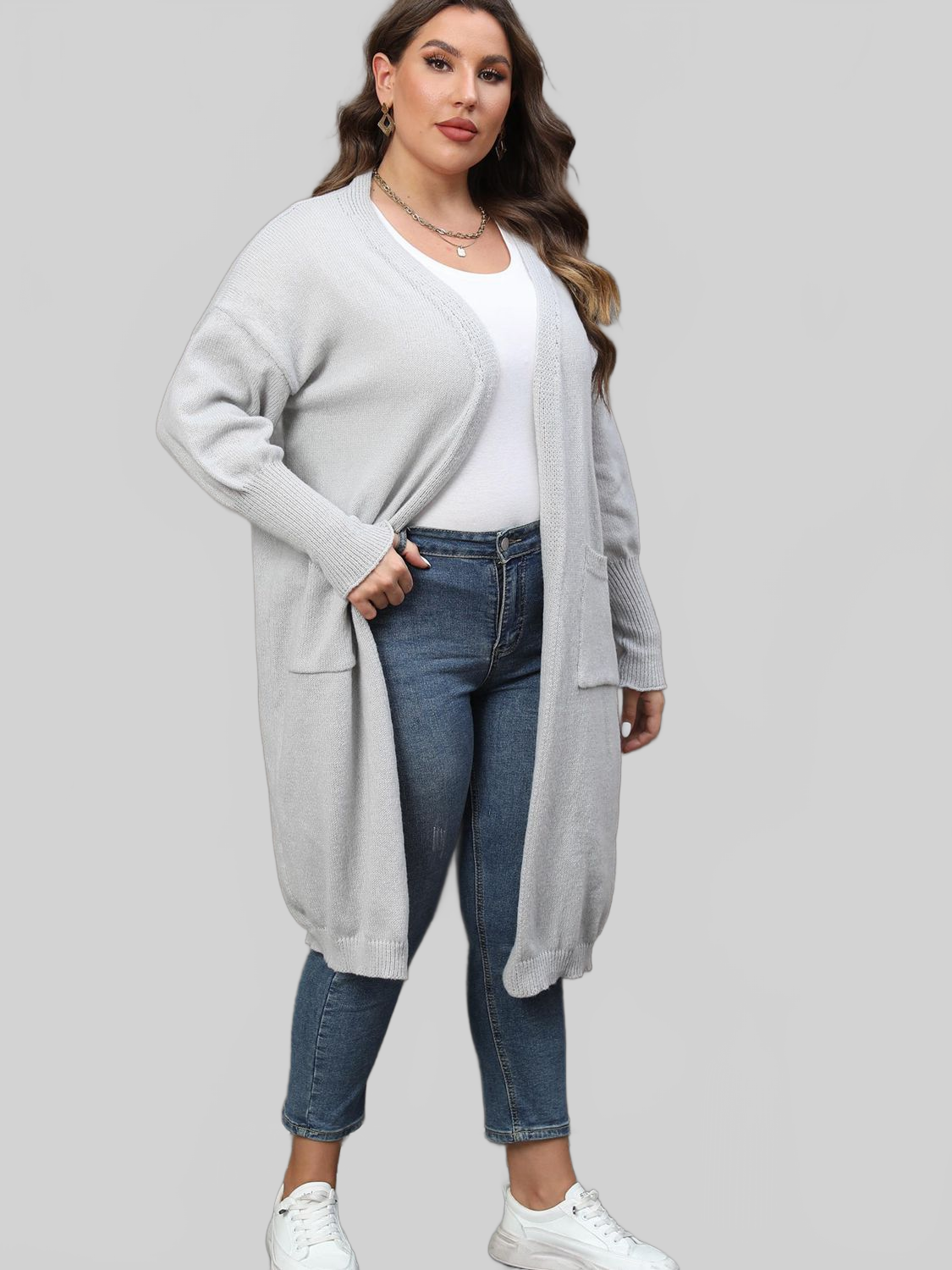 Plus Size Long Sleeve Pocketed Cardigan Trendsi