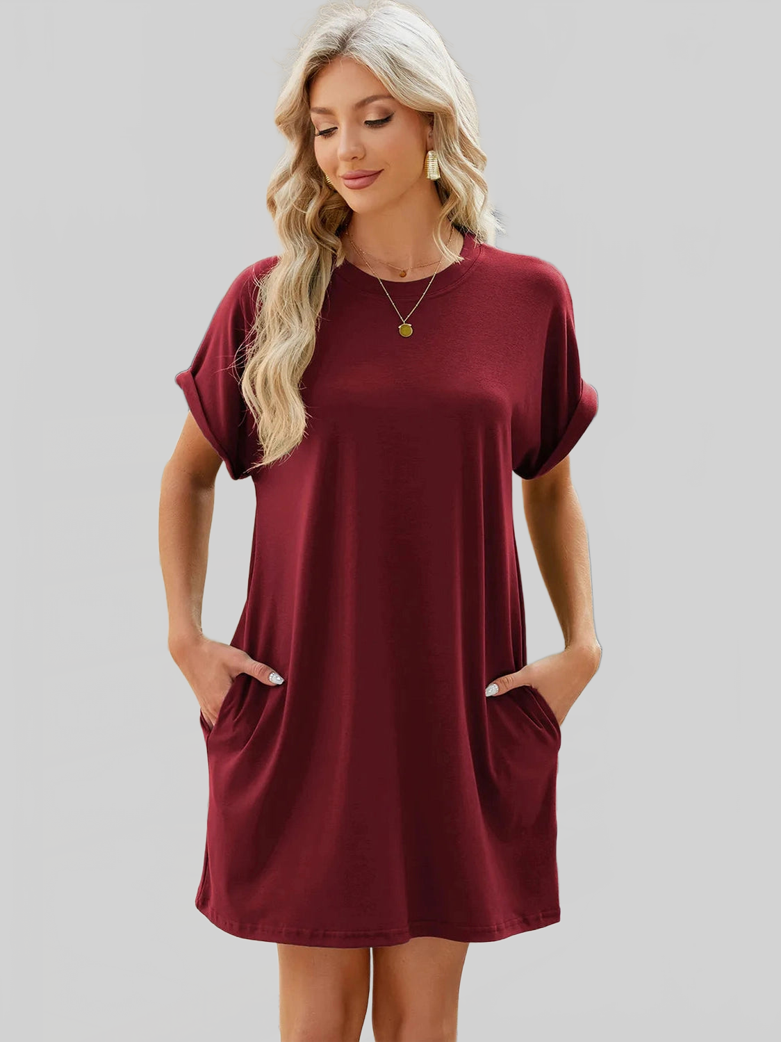 Round Neck Rolled Short Sleeve Tee Dress nicholesgifts