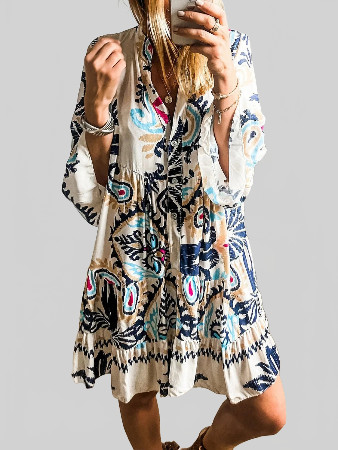 Printed Notched Three-Quarter Sleeve Mini Dress nicholesgifts