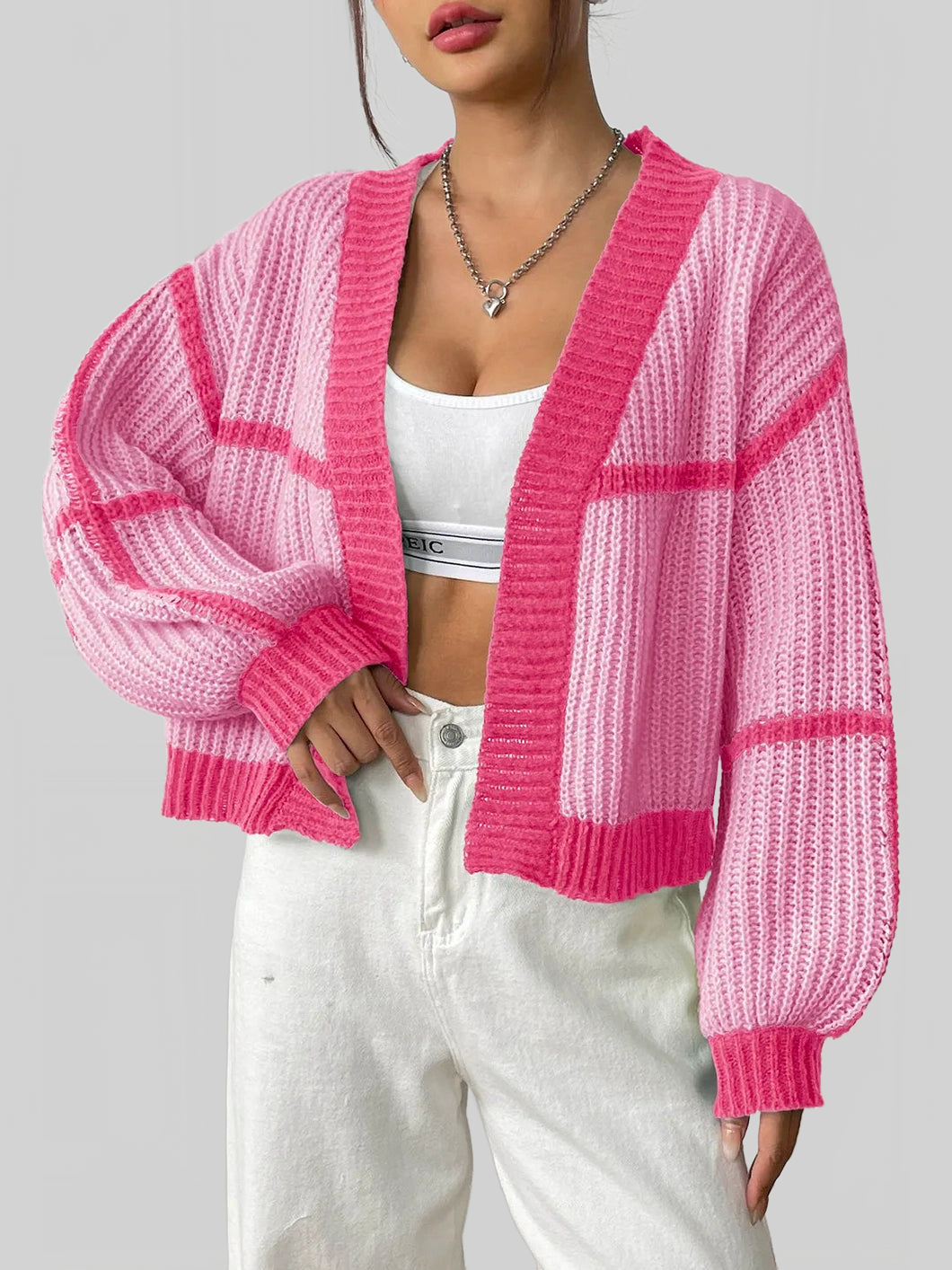 Women Contrast Open Front Long Sleeve Cardigan nicholesgifts