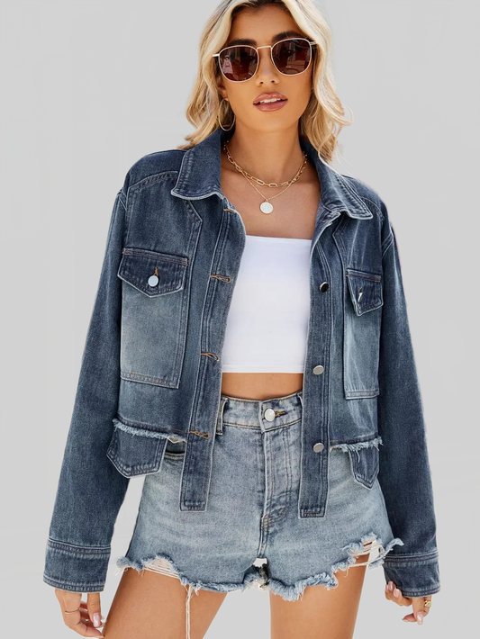 Button Up Long Sleeve Denim Jacket with Pockets nicholesgifts