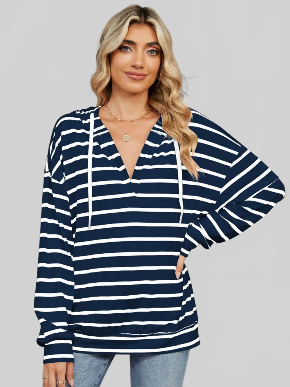 Drawstring Striped Long Sleeve Hoodie NicholesGifts