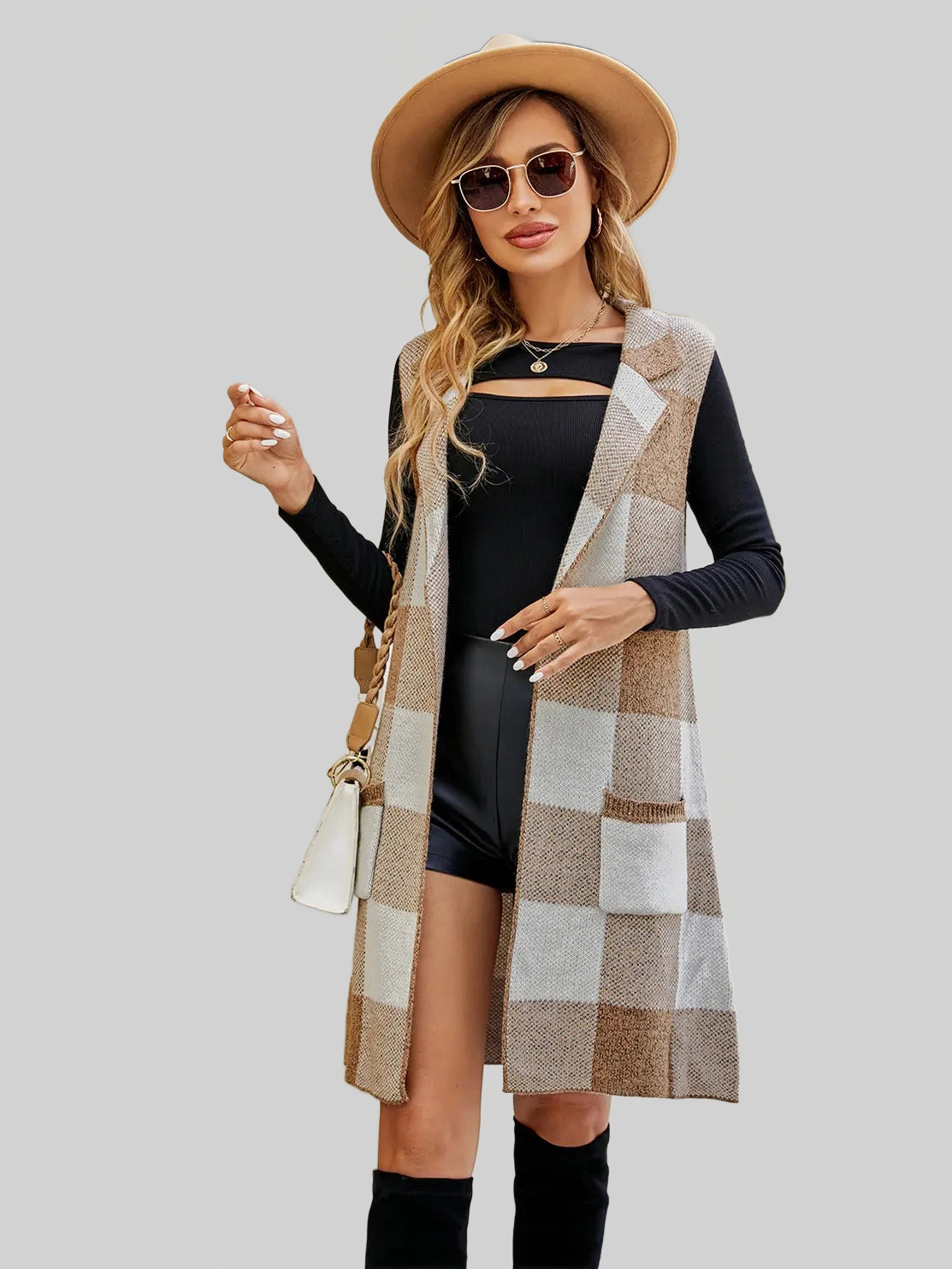 Women Plaid Open Front Sleeveless Cardigan with Pockets nicholesgifts